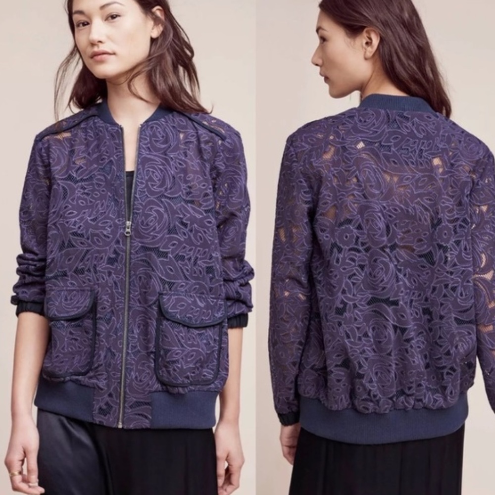 ANTHROPOLOGIE Elevenses Miranda Laser Cut Floral Bomber Jacket M